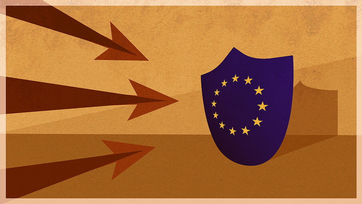 Illustration: The European flag is depicted on a shield and is attacked with arrows. 
