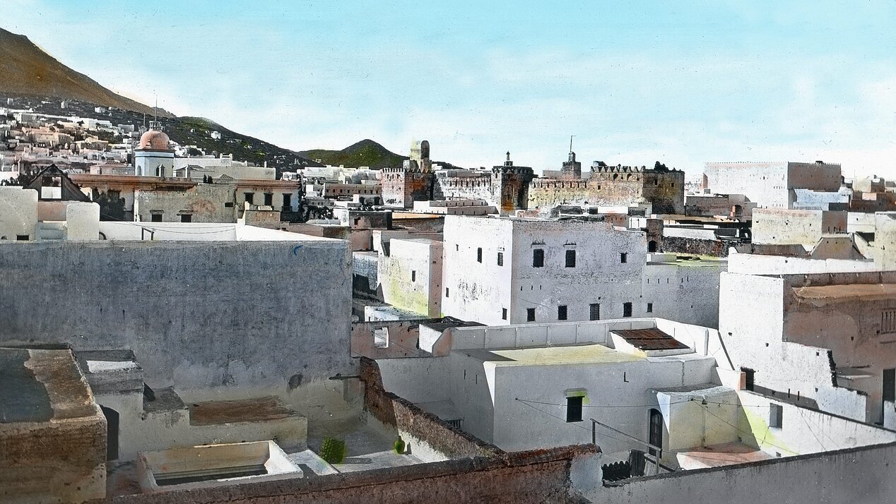 A street in the city of Tétouan in Morocco. Morocco, Africa, hand colored.
