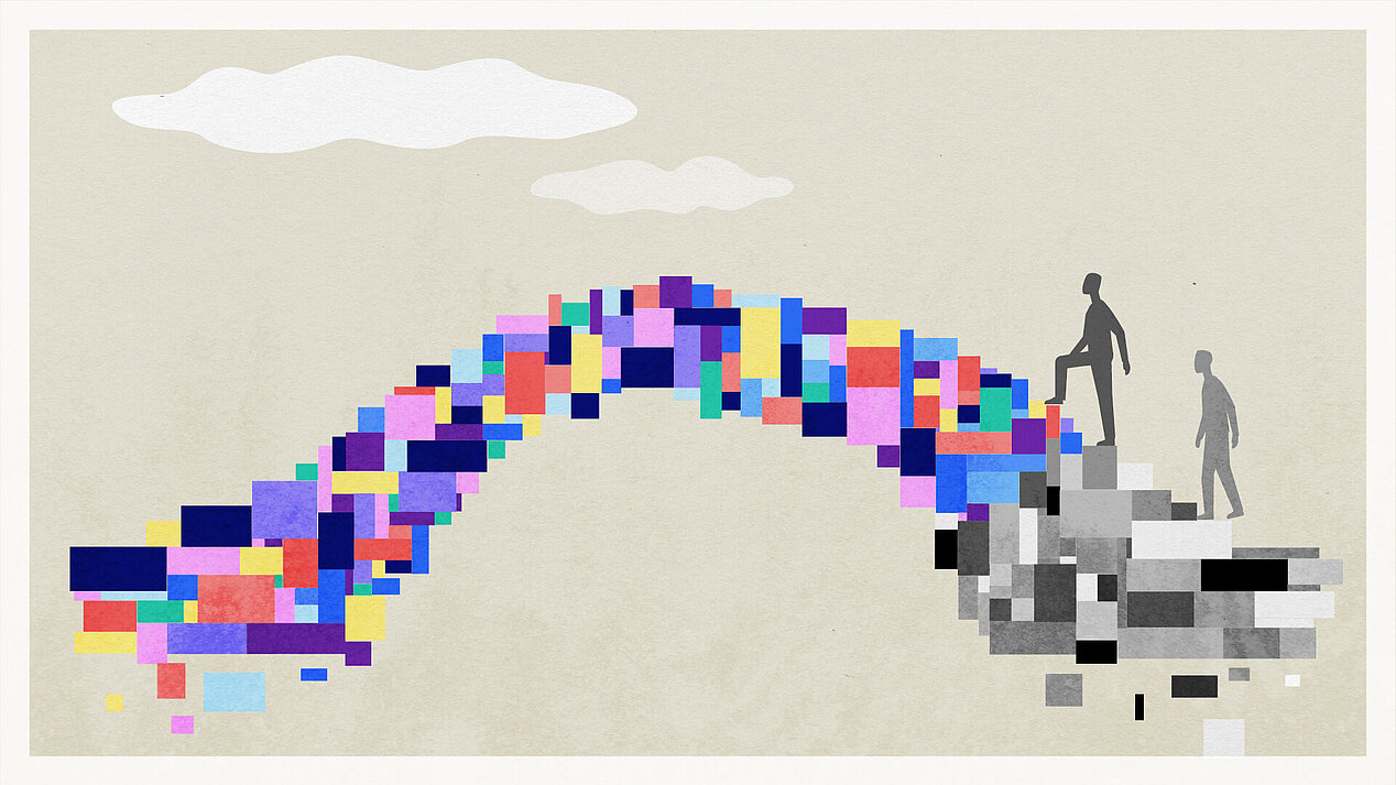 Illustration: Two people are walking up a bridge. The steps behind them are grey, the steps in front of them are in rainbow colours.