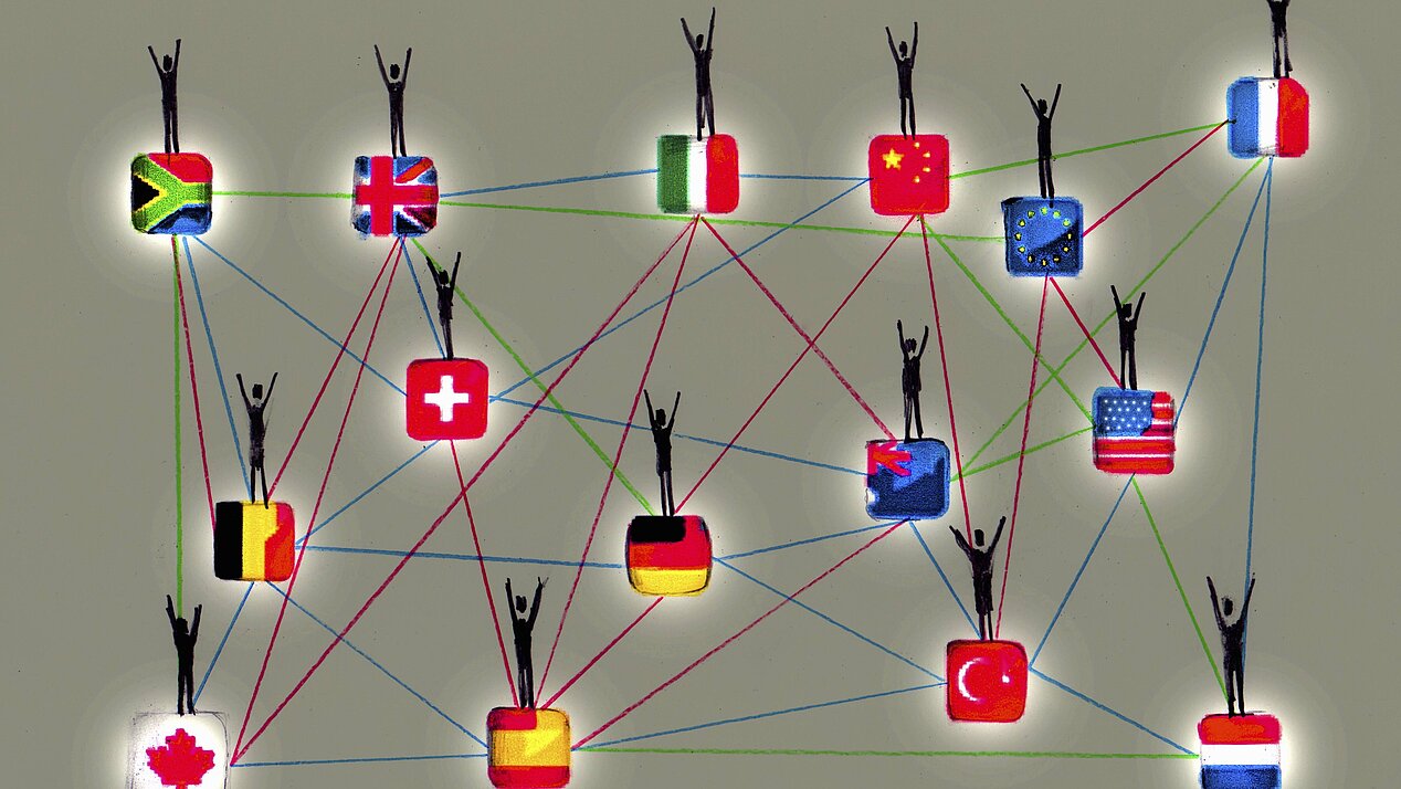 Graphic: Several country flags, each with a small black figure on it, are connected by lines.