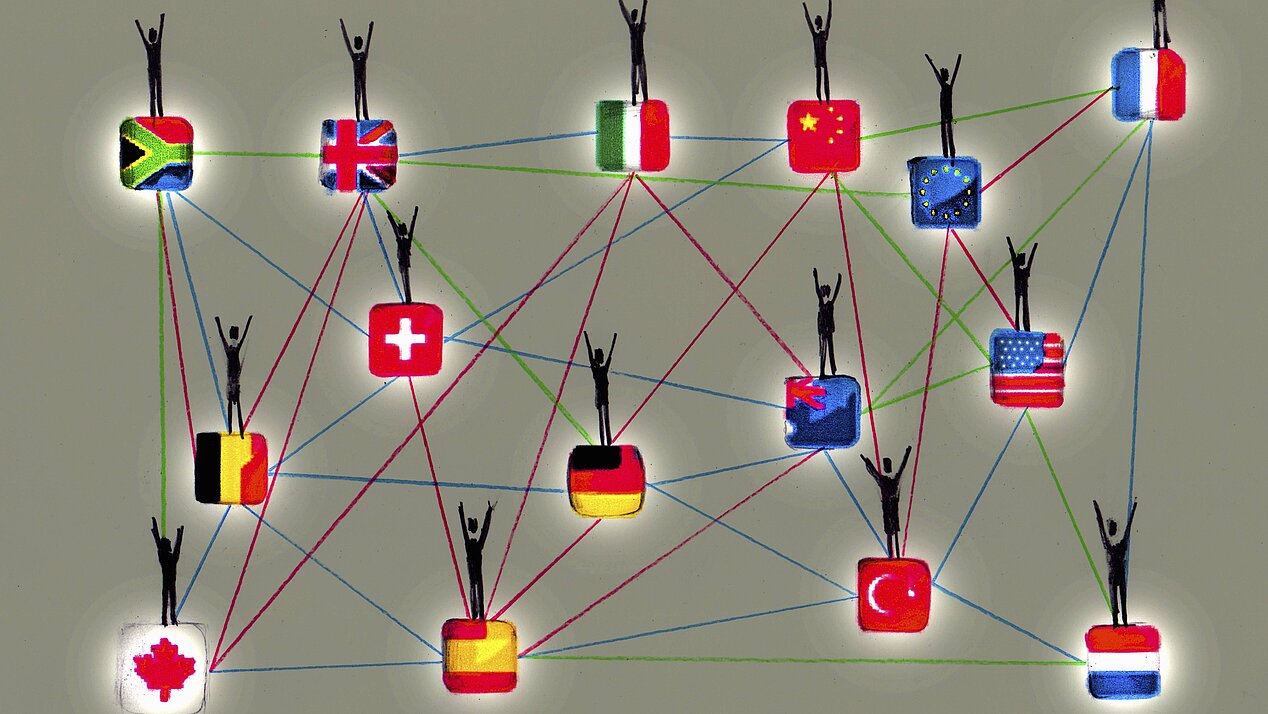 Grafik: Mehrere Länderflaggen auf denen jeweils eine kleine schwarze Figur steht, sind über Linien verbunden.