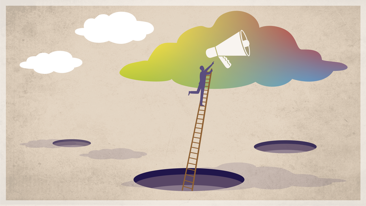Illustration: A male climbs up a ladder into the sky towards the megaphone.