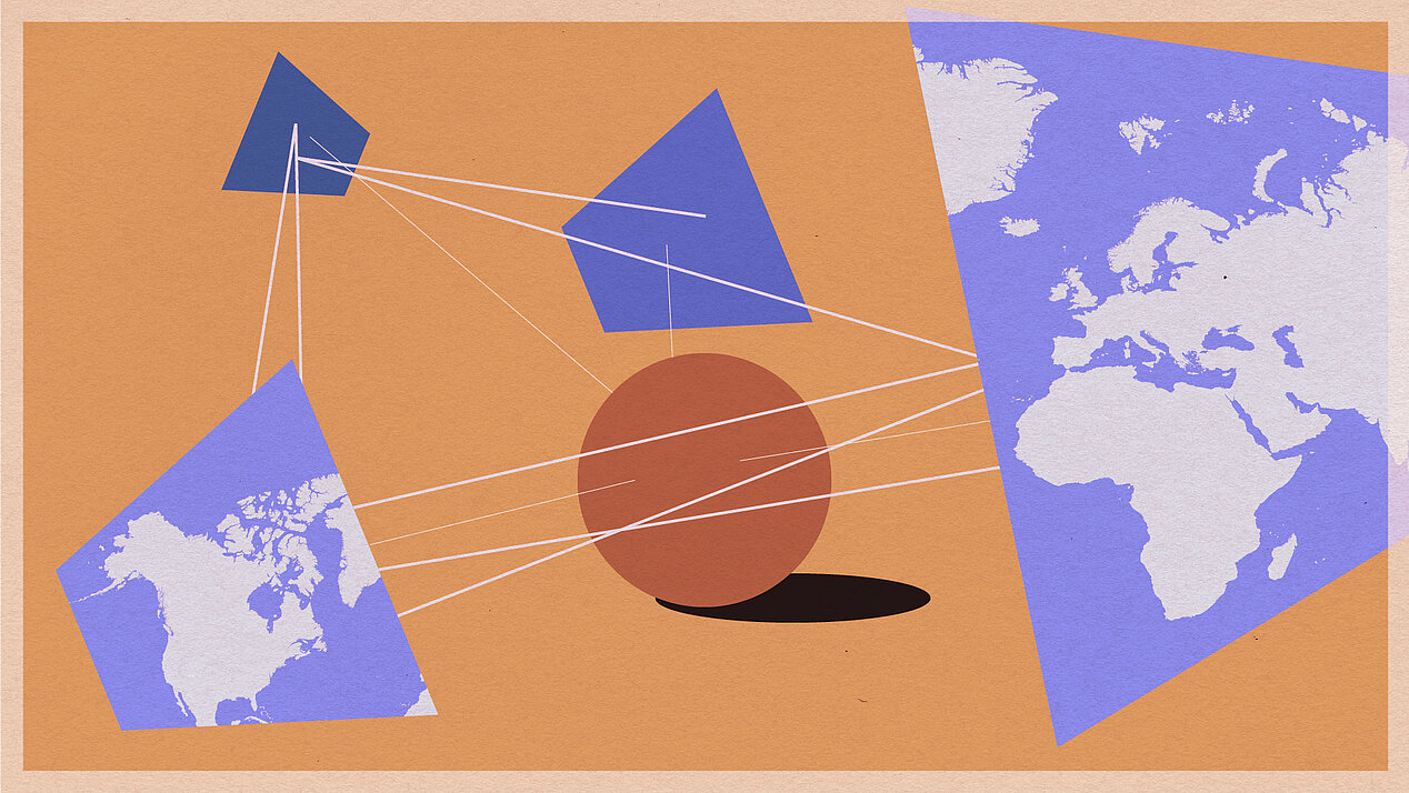 Illustration: A globe is surrounded by the country borders of the earth, which are rearranged