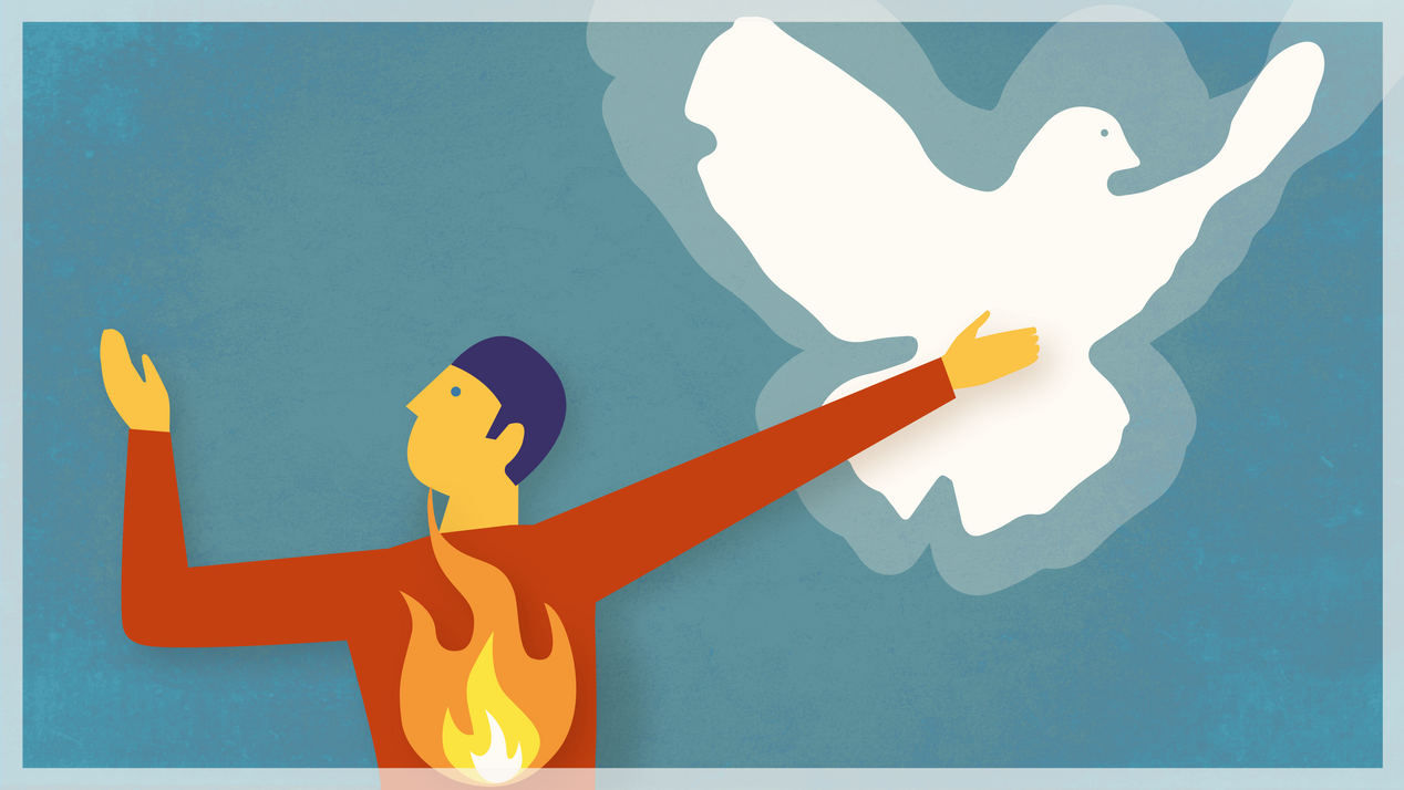 Illustration: A man with fire in his chest reaches out to a white dove.