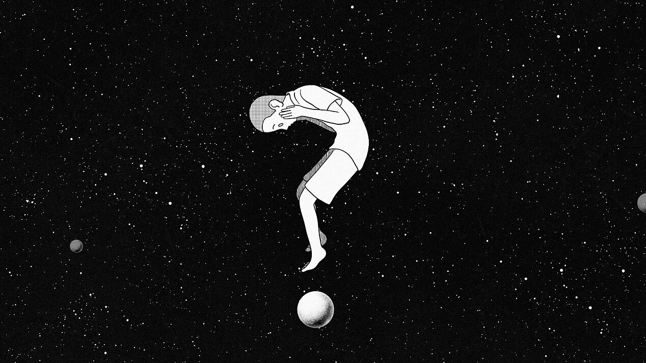 Illustration: A human in space is bend like a question mark over planet earth.
